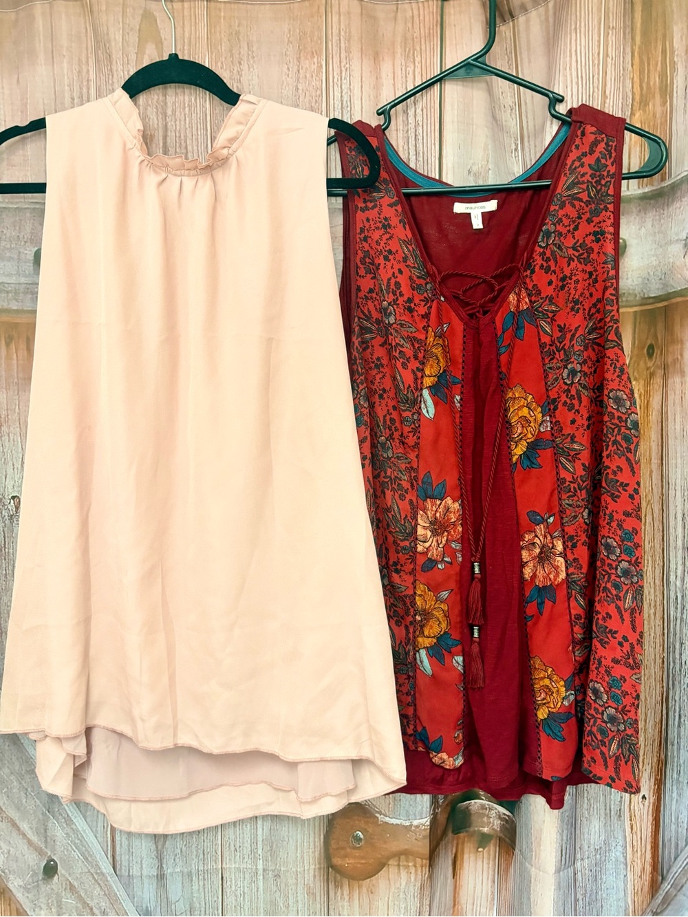 Two tops-Maurices Red Floral Lace-Up Tank and pink monk turtleneck
